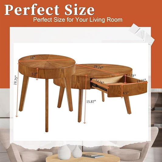 2 Piece Modern Farmhouse Coffee Table Set with Drawer, Boho Round Natural Real Wood Coffee Table for Living Room, Nesting Coffee Side Table Set with Radial Design, Wenger