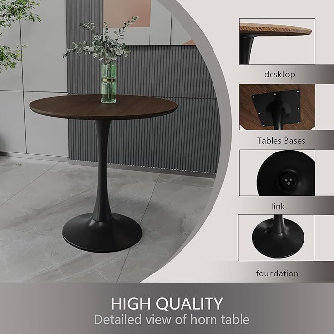 Round Dining Table, Modern Tulip Table, 31.5‘’Mid-Century Round Leisure Table with Metal Base for 2-4 Person, Suitable for Living Room, Kitchen, Cafe and Home Office (Walnut Color)