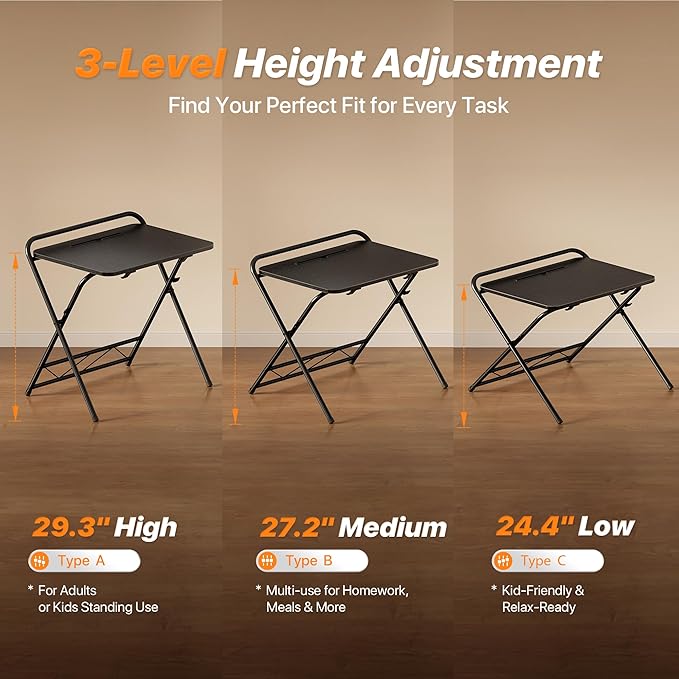 Huuger Folding Desk with 3-Level Adjustable Height and Tablet Slot, 32 Inch Foldable Computer Desk for Small Spaces, Space Saving, Writing Work Table for Home Office, Bedroom, Study, Black