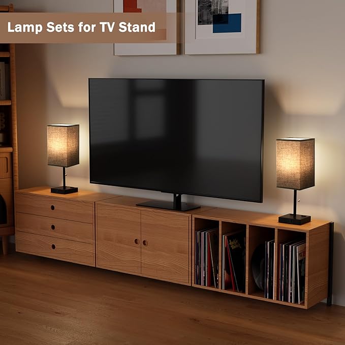 Balck Table Lamps for Bedroom Set of 2 Nightstand - 17.4In Tall, 3 Color Bedside Lamps with AC Outlets and USB A & C for Charging, Square Night Stand light, End Table Lamp for Living Room/Dorm/Office