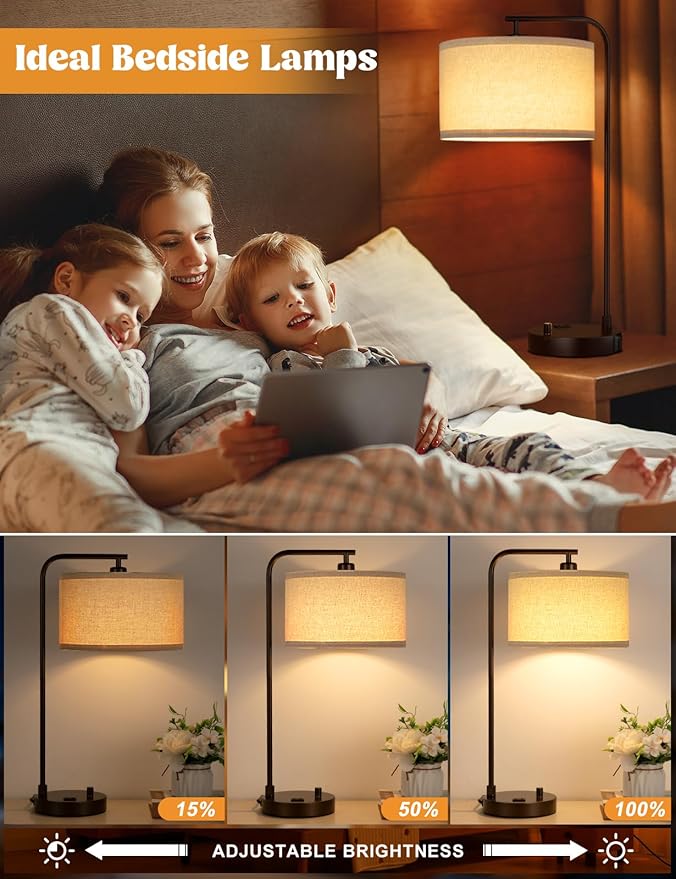 Brown Side Table Lamp with USB Port and Outlet, Dimmable Nightstand Bedside Lamps with Linen Lampshade, Desk Lamp for Bedroom, Living Room, Guest Room, Home Office, LED Bulb Included