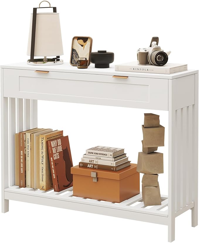 Entryway Table with Drawers Narrow Accent Sofa Table with Storage Shelf, Modern Wooden Console with Drawer Entry Table Storage Slats Shelf for Living Room,Entryway, Foyer, Hallway, White