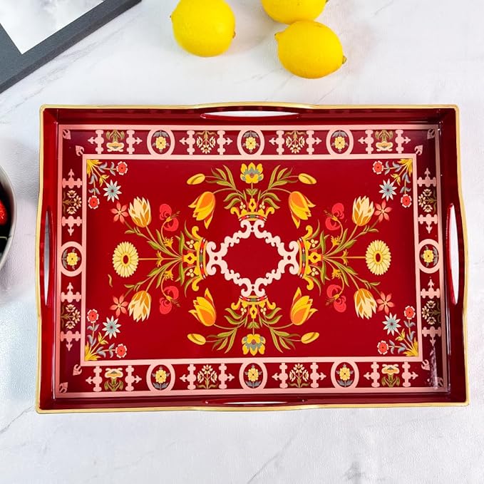 Boho Red Decorative Tray, Serving Tray with 4 Handles, Plastic Tray for Coffee Table, Ottoman - Ideal for Living Room & Bathroom. 15” x 11” x 1.9”