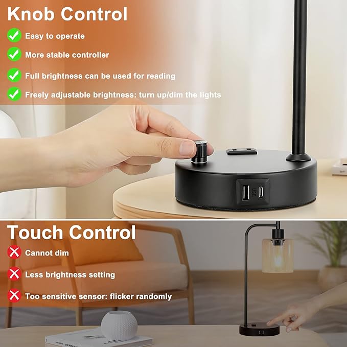 Industrial Desk Lamps for Office Set of 2 - Fully Dimmable Bedside Lamps with USB A C Ports and Outlet, Black Nightstand Lamps with Grey Glass Shade for Living Room, Table Lamps for Bedrooms Reading