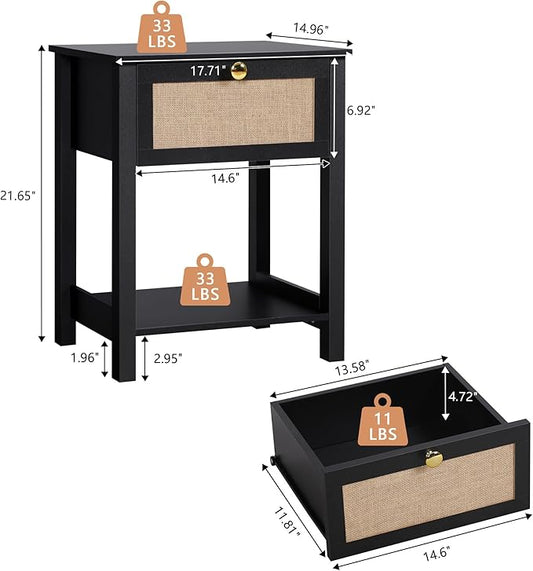 Wood Nightstand, 21.65" H End Table with Flax Finish, Modern Night Stands with Drawer, Farmhouse Bedside Table for Bedroom Living Room (Black)