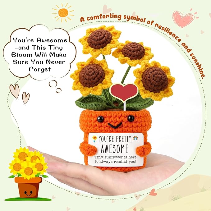 Mini Inspirational Gifts for Women Handmade Crochet Positive Affirmation Sunflower for Teacher, Mentor, Nurse, Coworker, Emotional Cheer Up Support, Birthday, White Elephant Christmas Stocking Stuffer