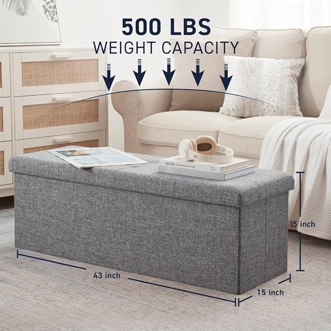 Ornavo Home 43 Inch Folding Storage Ottoman, Long Large Storage Ottoman Chest, Foot Rest Stool, Bedroom Bench - (Gray)