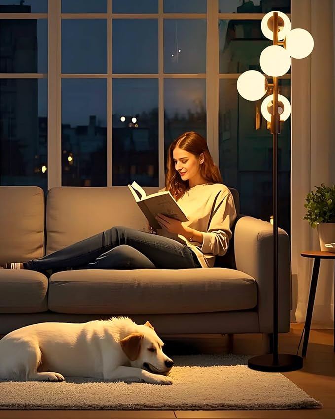 Lightdot 5-Globe Dimmable Globe Floor Lamp Black Standing Lamps with 5Pcs 3000K G9 Bulbs Stepless Brightness Adjustable Retro Mid Century Modern Floor Lamp with Stable Base for Living Room/Office