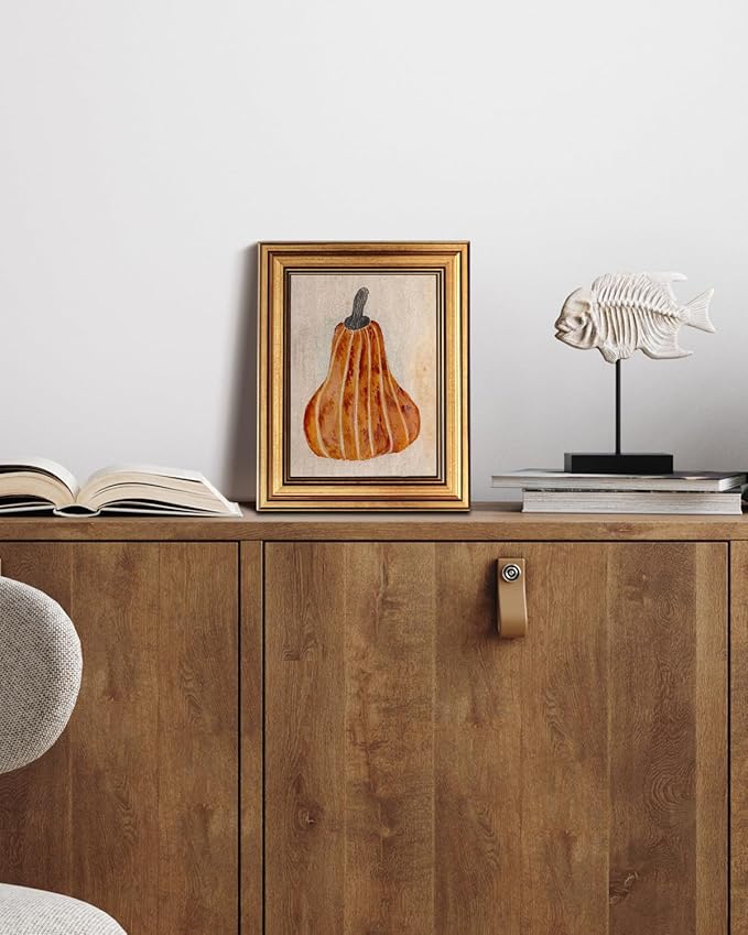 HUARCEY Gold Framed Vintage Wall Art for Living Room, Pumpkin Painting Prints Shelf Decor for Kitchen, Aesthetic Bedroom Wall Art, Autumn Gifts for Friends or Family - Japandi Pumpkin 10L x 8W