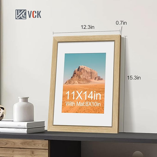 VCK 11x14 Picture Frame 2 Pack - Natural Oak, High-End Wood Poster Frames with Tempered Glass, Display 8x10 Photo with Mat or 11x14 without Mat, Art Gallery-Quality, Wall Hanging, Natural Oak