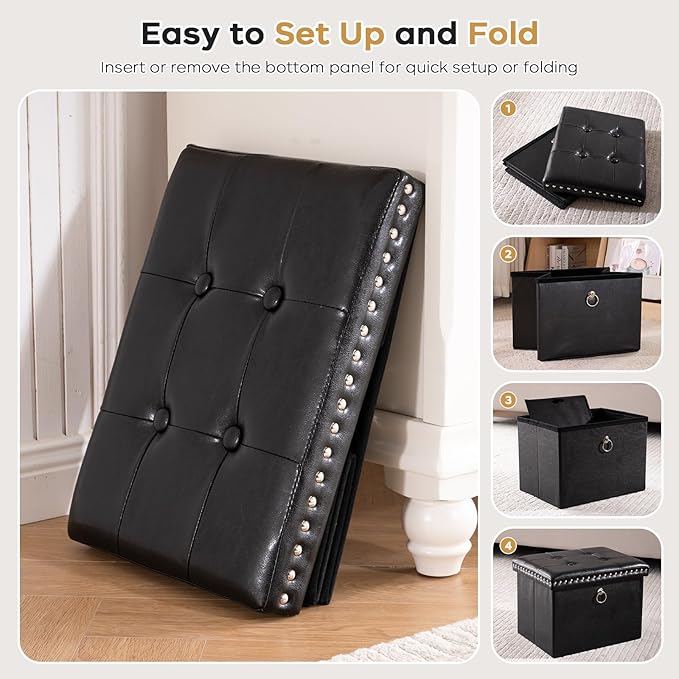 Storage Ottoman Foot Rest Stool, Foldable Leather Footstool Storage Bench with Rivet Design, Thicker Foam Padded Seat, Footrest Under Desk for Living Room Bedroom 242 lbs, 16x12x12 in, Black