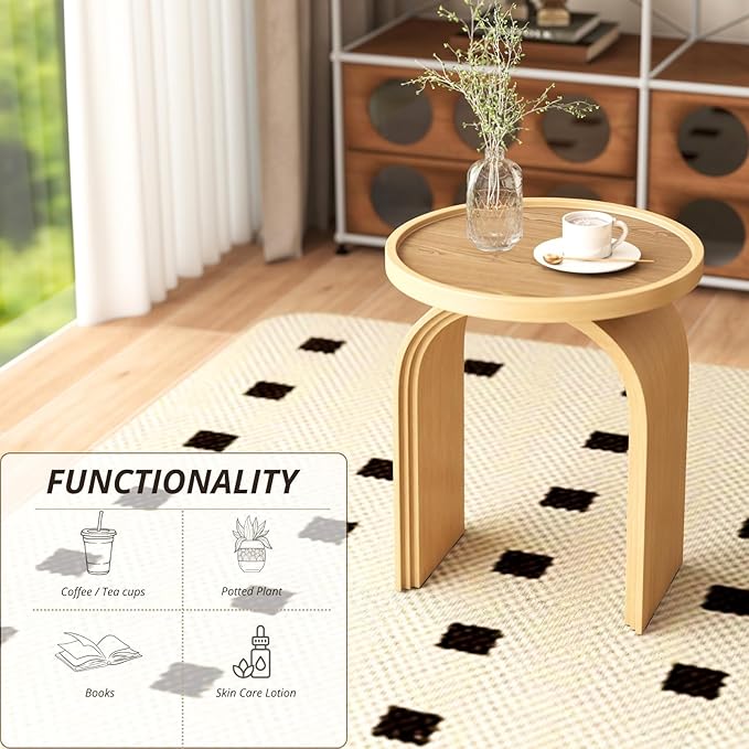 Round Side Table, Farmhouse Wood End Table with Sturdy Base, Small Drink Table for Living Room, Bedroom and Small Spaces