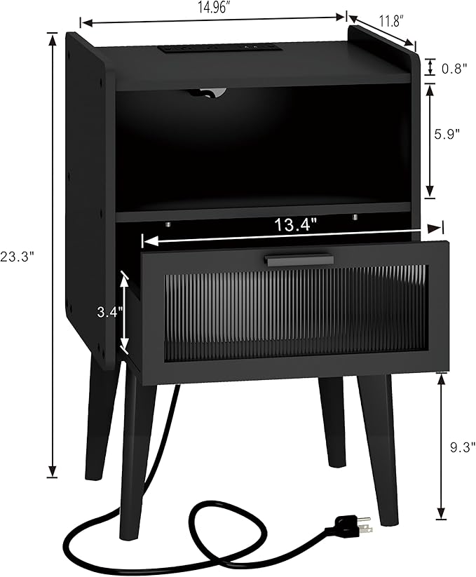 Nightstand with Charging Station, Bedside Tables, End Table Side Table with 2 Tiers Storage Space, for Bedroom, Living Room, Black CAMLBZ07BE