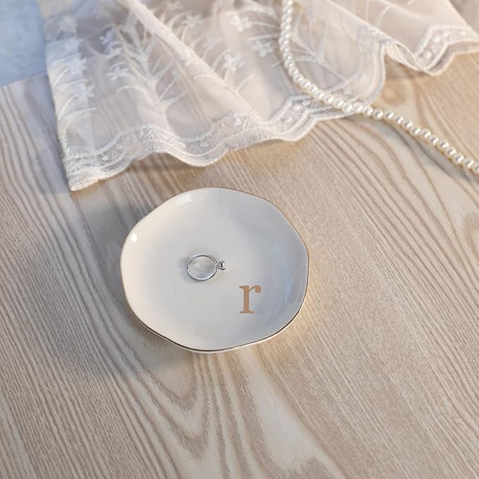HOME SMILE Initials Ring Dish Jewery Tray with Personalized R-Monogrammed Engagement Wedding Gifts for Friends,Sister,Birthday Christmas Gifts for Women,Ceramic White