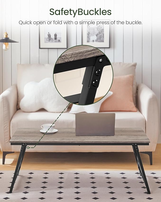 41.3" Folding Coffee Table with Safety Buckles, Low Coffee Table, Portable Floor Table, for Sitting on The Floor, for Living Room, Bedroom, Balcony, Caravan, Greige and Black TKF01BG