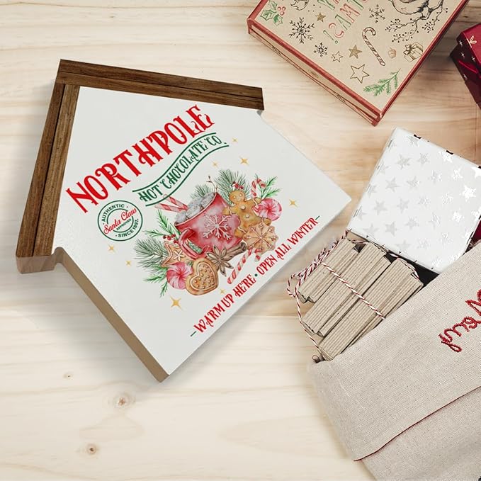 Christmas Hot Cocoa Bar Decor, North Pole Hot Chocolate Co House Shaped Wood Block Sign Xmas Holiday Decorations for Home Kitchen