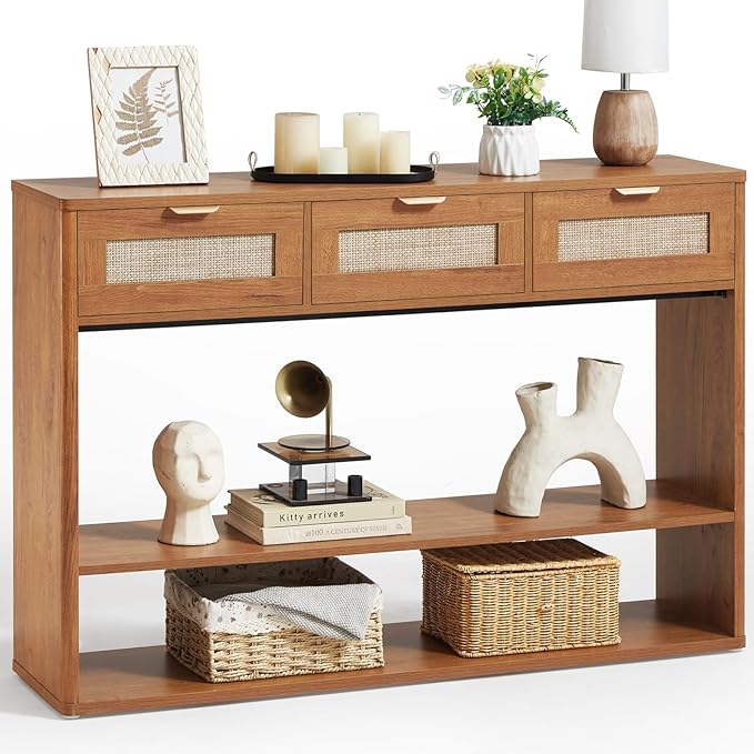 LEYAOYAO 48" Boho Rattan Console Table with 3 Drawers, 3 Tier Wooden Entryway Table with Open Storage Shelf, Narrow Long Behind Couch Sofa Tables for Living Room, Hallway, Entrance, Brown