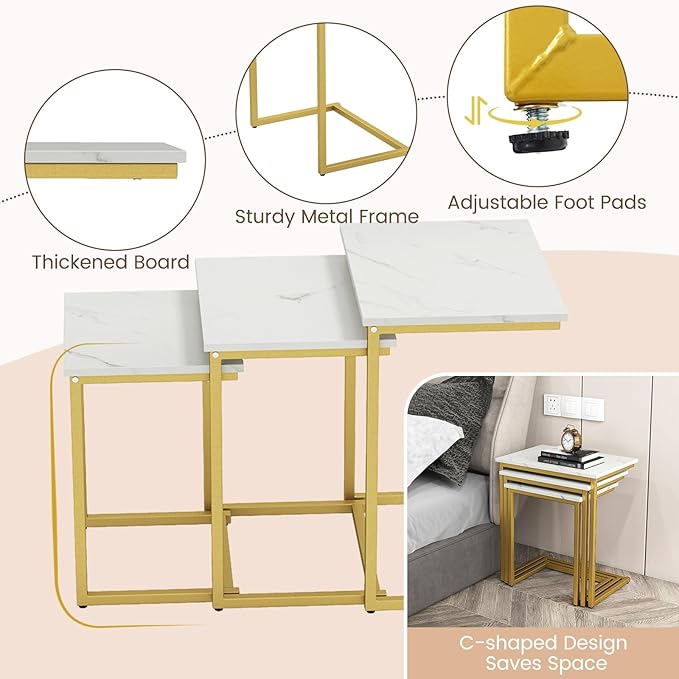Tangkula Nesting Table Set of 3, Rectangle Stacking Side End Table with Wood Top & Metal Legs, Adjustable Foot Pads, C-shaped Accent Coffee Tables for Small Spaces, Living Room (C-shaped, White, 3-pc)