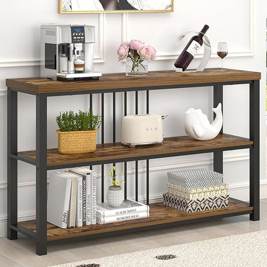 FOLUBAN Industrial Console Table, 3 Tier Entryway Sofa Foyer Table for Living Room Hallway Behind Couch, Rustic Brown