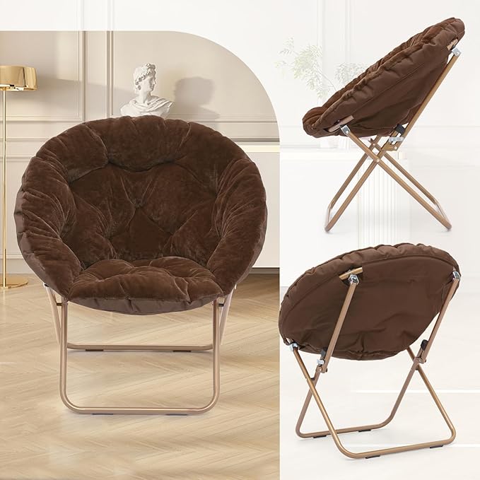 Athena Collection Comfy Saucer Chair Folding Cozy Chair for Bed Room Living Room Accent Chair Faux Fur Reading Chair Foldable Metal Frame Lazy Chair Moon Chair for Adult Set of 2, Brown