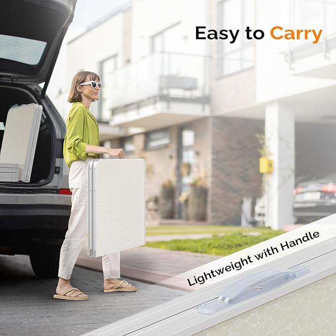 VINGLI 4FT White Folding Table with Carrying Handle Height Adjustable Lightweight Fold Up Portable for Indoor Outdoor Picnic,Camping,Hiking,Fishing,BBQ …