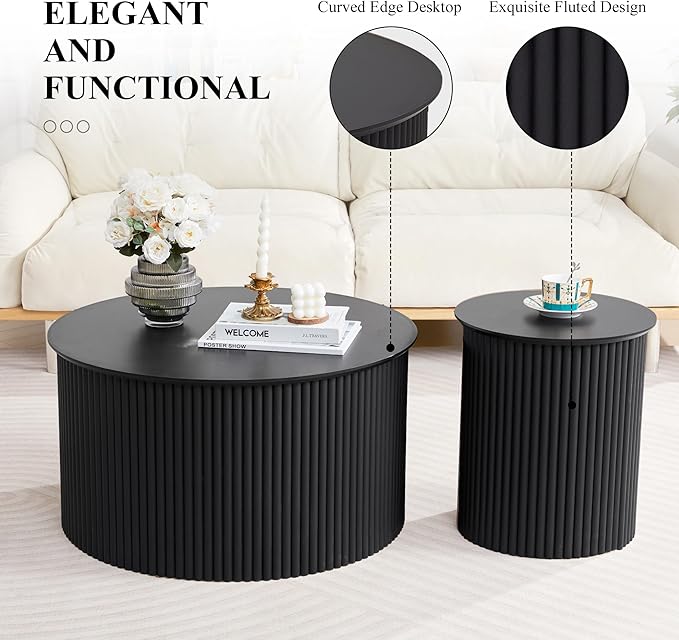 Fluted Round Nesting Coffee Table Set of 2, Mid Century Modern Wood Coffee Tables and End Table Set, Circle Side Table Minimalist Center Tables for Living Room, Office(Black)