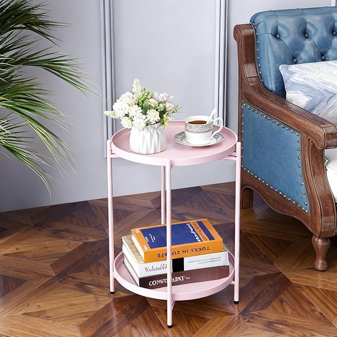 HollyHOME 2-Tier Round Side Table, Outdoor Small Folding Accent Stand with Removable Tray, Anti-Rust Metal Asional Table for Balcony Patio Living Room, Nightstand for Bedroom(Pink)