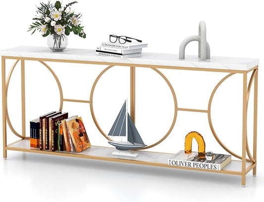 Giantex 71" Console Table, 2-Tier Extra-Long Gold Entryway Table w/Storage Shelf, Faux Marble Top, Narrow Sofa Table with Geometric Frame, Behind Couch Entry Table for Living Room, Hallway, Foyer