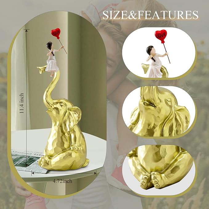 Elephant Statue Home Decor - Handmade Resin Sculpture Girl with Love Balloon Sitting on Elephant Figurines, Gifts for Women Girl Birthday Gold