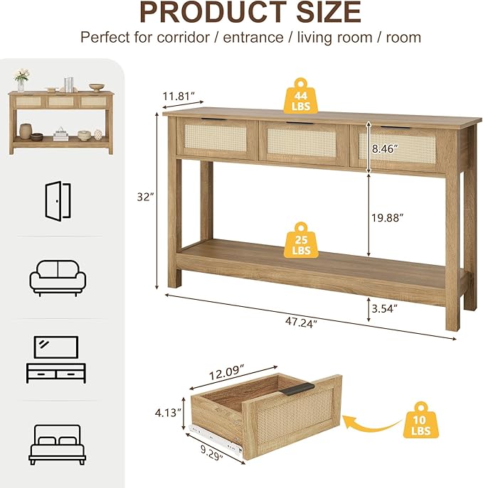 Luoxiao Rattan Console Table Boho Entryway Table with 3 Drawers Storage, Narrow Long Behind Couch Sofa Table for Living Room Side Table Entry Way Table Entrance Hallway Foyer, Natural, 47 Inch