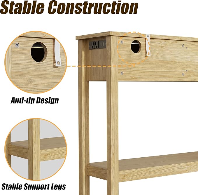Entryway Table, Rattan Console Table with 3 Storage Drawers and Storage Shelf, Sofa Table with Socket, for Entryway, Living Room, Behind Couch and Hallway (Light Yellow)