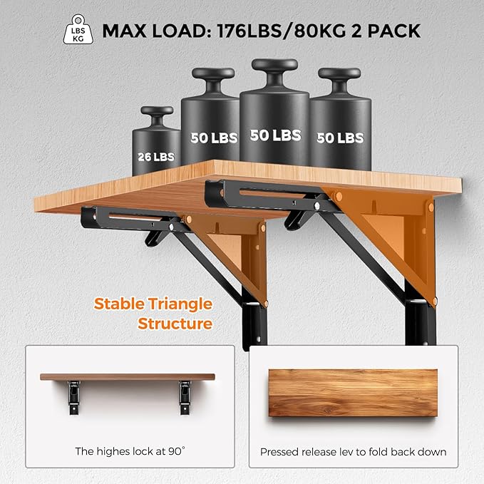 JOY DECOR 12 Inch Heavy Duty Folding Shelf Brackets, 2 Pack (1 Pair) Collapsible Wall Mounted Brackets for Fold Down Table, Stainless Steel Folding Table Hinge, Matte Black