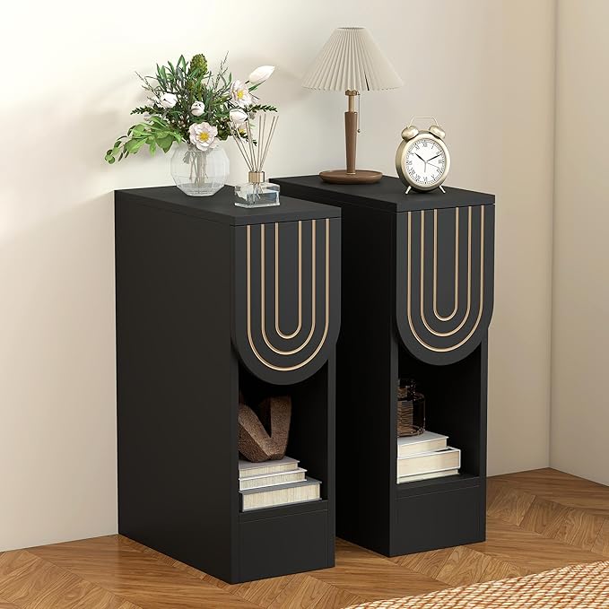 Narrow Nightstand, Black Bedside Table with Carving Lines Drawer, Mid-Century Modern Slim Side End Table for Bedroom Small Space, Wooden Small Night Stand (1, Black)