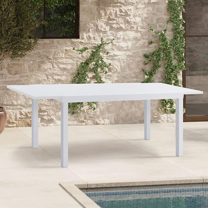 Soleil Jardin Aluminum Patio Extendable Dining Table, 59" - 83", Adjustable Indoor Outdoor Furniture Rectangle Table for 6-8 Person Porch Deck Garden, White
