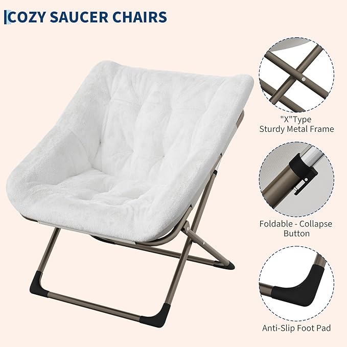 Folding Saucer Chair for Adults, Comfortable Living Room Lounge Chair with Soft Faux Fur Cushion, No Assembly Required, Foldable Accent Furniture for Apartments/Dorms/Bedrooms, White