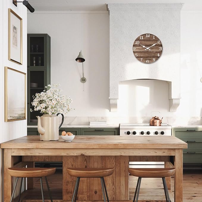 XFM Brown Wooden Wall Clock 10 Inch Silent Wall Clocks Battery Operated Decorative Farmhouse Small Rustic Wall Clock for Kitchen Living Room Office