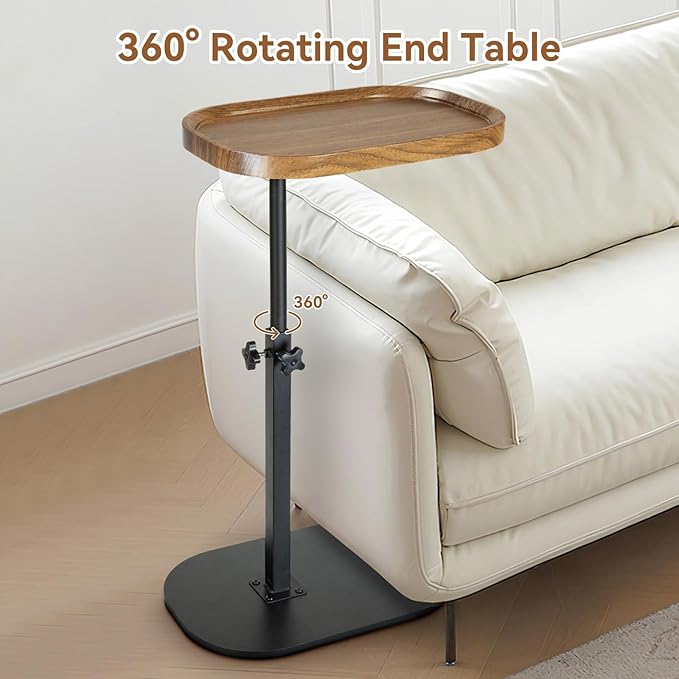 C Shaped End Table for Couch, Sofa Armrest Tray Table with Adjustable Height, 360° Swivel Sofa Bed Bathroom TV Tray for Living Room,Bed Side, Bedroom,Study and Small Spaces(Walnut Color)