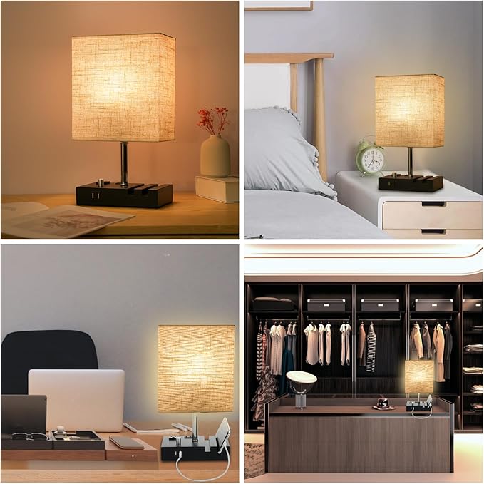 Nightstand Lamp for Bedroom with USB A + C Ports, Small Bedside Table Lamp with Charging Outlets and Phone Stands, 3 Color Temperatures Night Stand Light with Bulb for Living Room