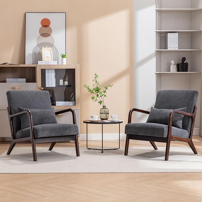 Mid Century Modern Accent Chairs Set of 2, Living Room Chairs Boho Armchair Set of 2 with Lumbar Pillow Solid Wood Frame & Corduroy Fabrics for Living Room Bedroom