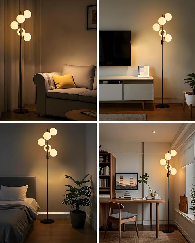 Lightdot 5-Globe Dimmable Globe Floor Lamp Black Standing Lamps with 5Pcs 3000K G9 Bulbs Stepless Brightness Adjustable Retro Mid Century Modern Floor Lamp with Stable Base for Living Room/Office