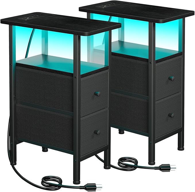 Narrow Nightstand with Charging Station, End Tables Living Room Set of 2, Skinny Side Table with Fabric Drawers, Small Sofa Table with LED Light for Bedroom, Black, HETNDP02LBK