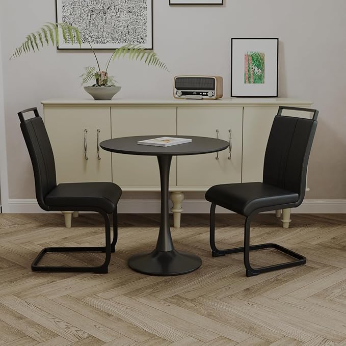 Round Dining Table, Modern Tulip Table, 31.5‘’Mid-Century Round Leisure Table with Metal Base for 2-4 Person, Suitable for Living Room, Kitchen, Cafe and Home Office(Black)