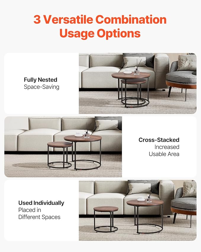 VEVOR Nesting Tables, Coffee Table Set of 2, 23.6 inch Round Coffee Table, Small Coffee Tables Night Stand with Metal Frame, for Living Room, Bedroom, Office (Brown & Black)