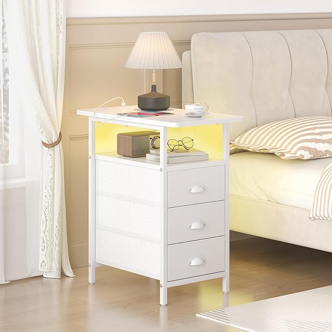 End Table with Charging Station,LED Side Tables with USB Ports and Outlets,Narrow Nightstands Bedside Tables with 3 Drawers PU Finish for Small Space,Slim Sofa Table for Livingroom,White