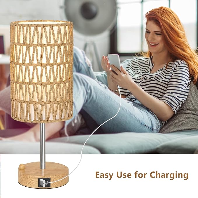 Bedside Lamps Set of 2 with Bulb, Touch Control Nightstand Lamp for Bedroom with Rattan & Linen Shade, 3 Way Dimmable Small Boho Table Lamps with USB Charging Port & Phone Stand