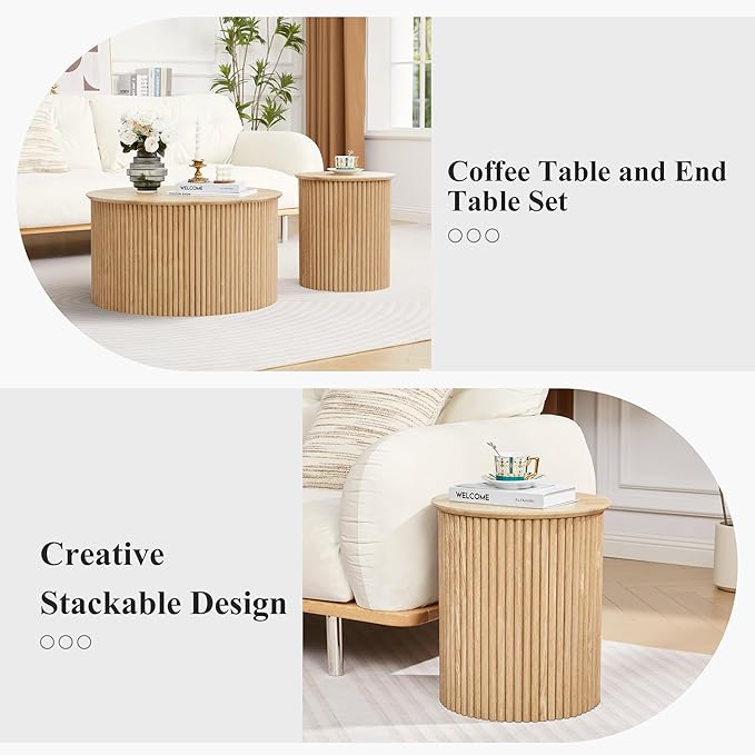 Fluted Round Nesting Coffee Table Set of 2, Mid Century Modern Wood Coffee Tables and End Table Set, Circle Side Table Minimalist Center Tables for Living Room, Office(Natural)
