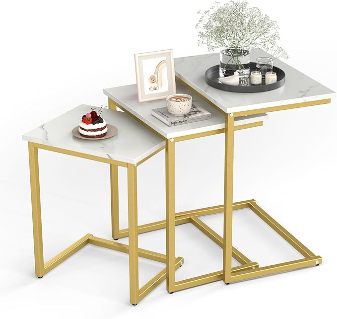 Tangkula Nesting Table Set of 3, Rectangle Stacking Side End Table with Wood Top & Metal Legs, Adjustable Foot Pads, C-shaped Accent Coffee Tables for Small Spaces, Living Room (C-shaped, White, 3-pc)