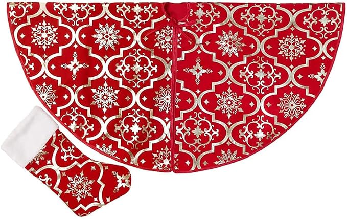 Flash World 52 Inch Large Christmas Tree Skirt Xmas Soft Cover Mat Decor Snowflake Collar Farmhouse Tree Skirt for Holiday Ornaments Party Home Indoor Decorations (Red, 52inch)