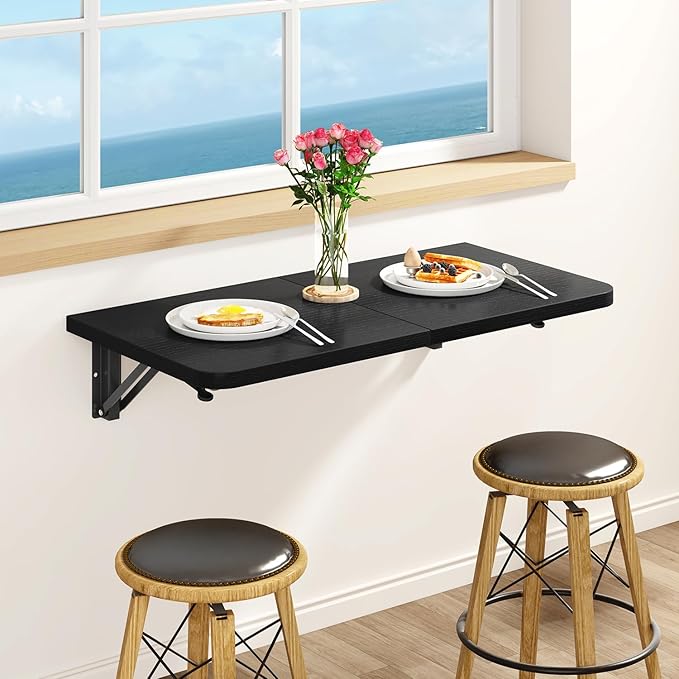 IBUYKE Wall Mounted Folding Table, Floating Wall Desk for Small Spaces, Fold Down Laundry Shelf with Heavy-Duty Brackets, Wall Table for Home Office/Bar/Kitchen/Dining Black UTVT005B