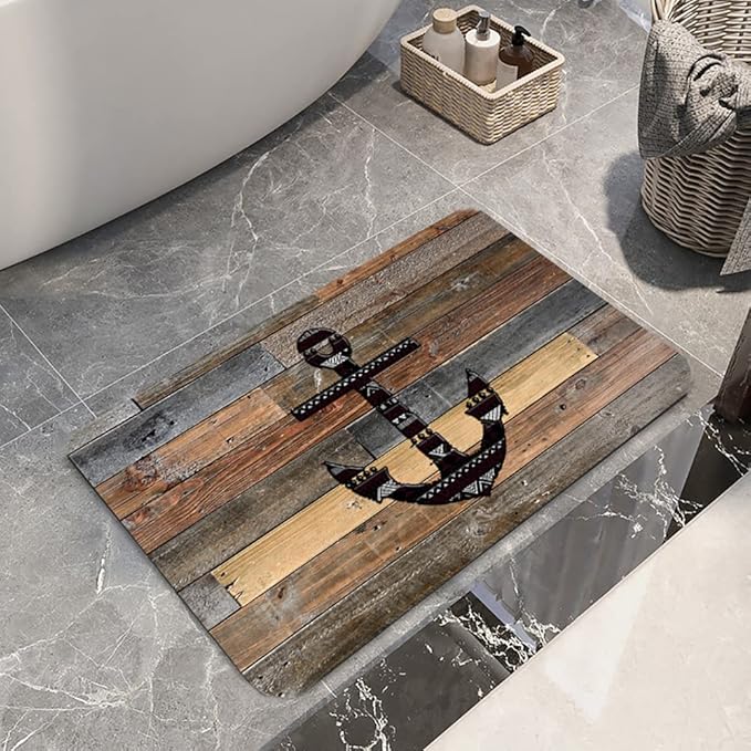 Bath Rugs Sponge Foam Absorbent Soft for Bathroom and Kitchen (30 x18 inches),Flannel Mat Non Slip Bright 3D Print for Bedside and Living Room(Old Wooden Plank Anchor)
